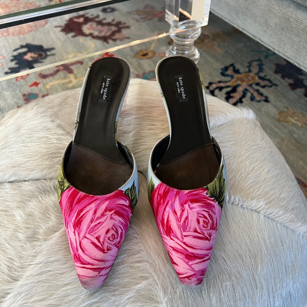 Kate Spade floral rose kitten heel mules